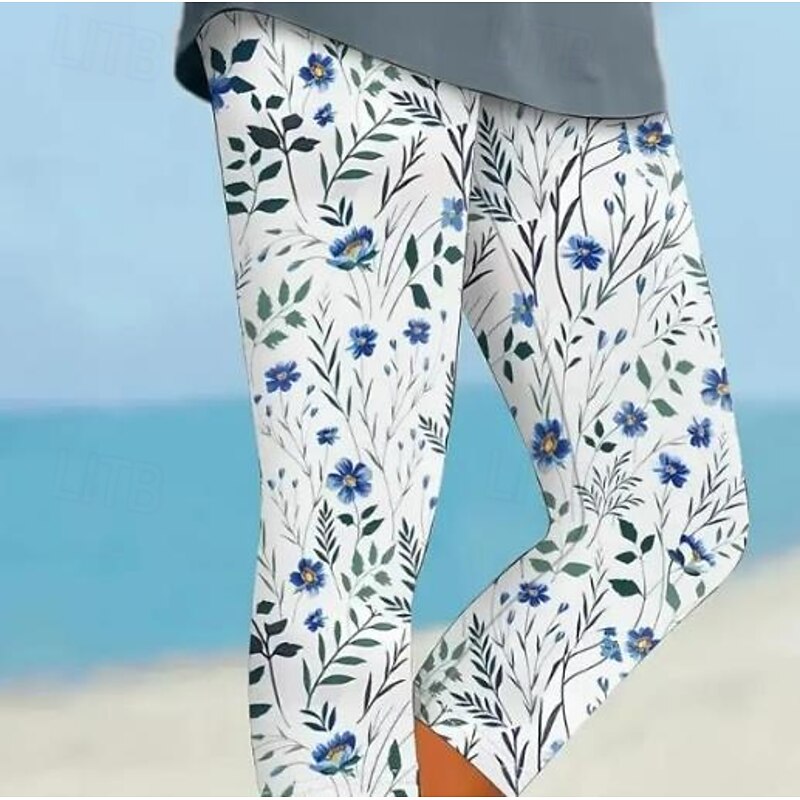 Women's Leggings Capri Pants High Elasticity Fashion Streetwear Knee Length Mid Waist Floral Printing Thermal Warm Breathable Soft  Vacation Causal Daily milk white Summer Spring Regular Fit2