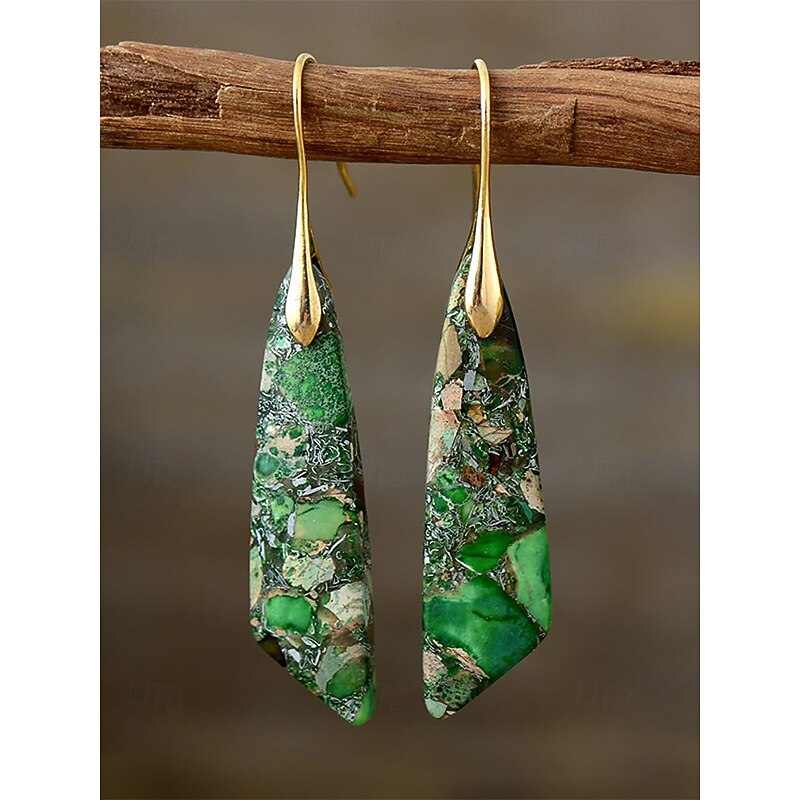 Natural Stone Green Drop Earrings with Gold Hooks - Boho Style, Unique Gemstone Jewelry for Women, Perfect for Casual and Elegant Occasions2