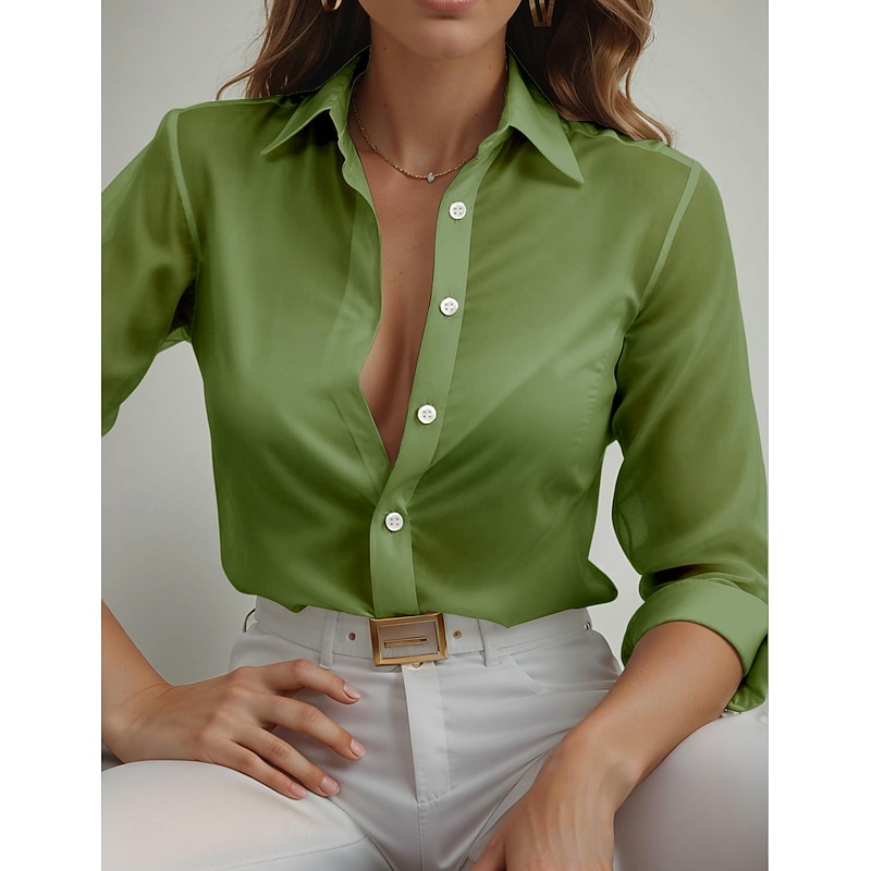 Women's Shirt Button Down Tunic Shirt Collar Long Sleeve Solid Color Plain Casual Regular Tops Work Daily Going out s Print Black White Wine Blue Dusty Blue Spring Fall