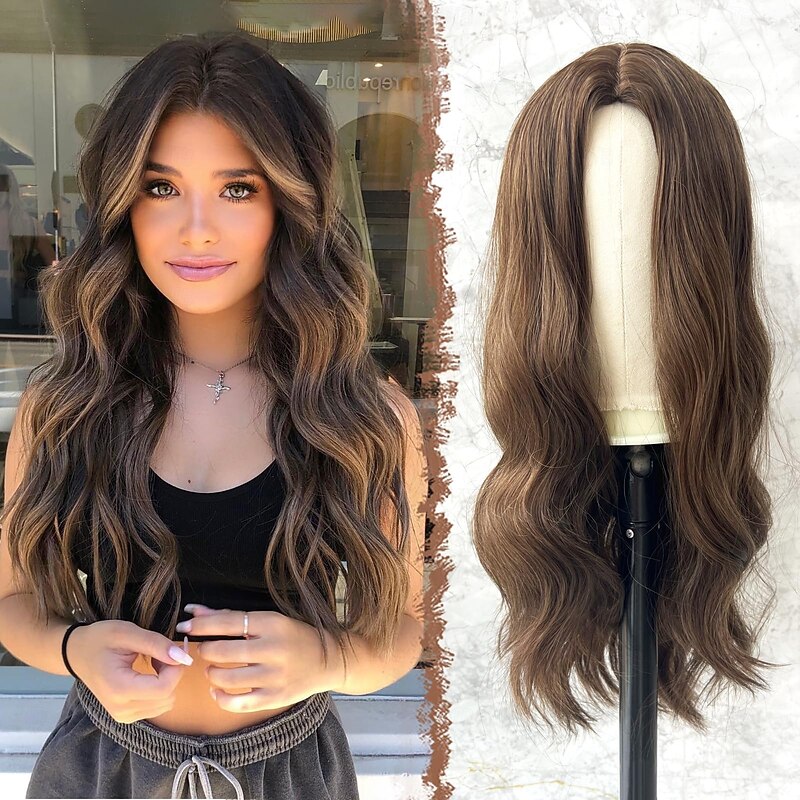 Long Wigs for Women Long Wavy Full Wig Middle Parting Wigs Natural Looking Synthetic Wig for Daily Party