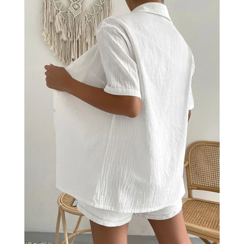 Women's Fashion Streetwear Shirt Linen-Inspired Sets Two Piece Sets Below Knee Length Shorts Short Sleeve Shirt Collar Solid Color Drawstring Daily Wear Date White Green Khaki Summer Regular Fit3