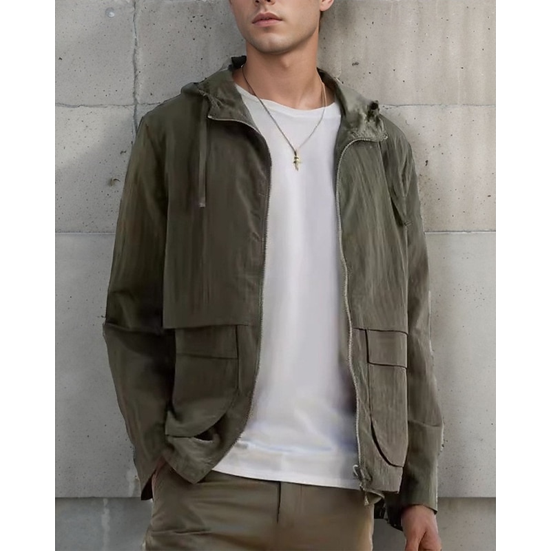 Men's Lightweight Jacket Outdoor Jacket Summer Jacket Windbreaker Vacation Daily Pocket Summer Spring Plain Fashion Classic Hooded Regular Green Khaki Gray Jacket - Main Image