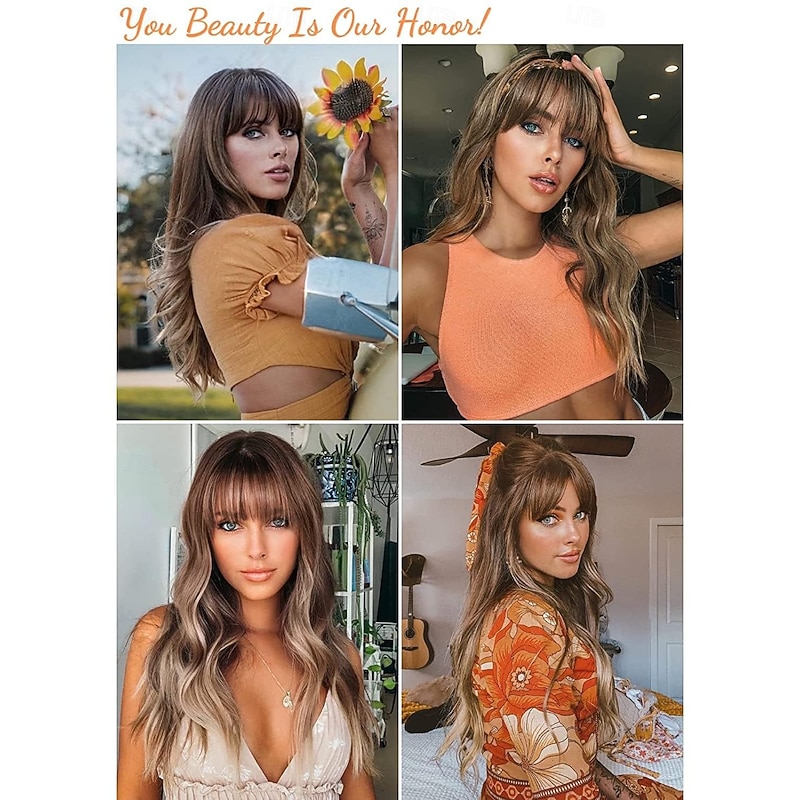 Light Brown Wig with Bangs Long Ombre Wavy Wigs for White Women, Ash White Synthetic Heat Resistant Hair, Natural Best Wigs for Halloween/Christmas/Cosplay/Party