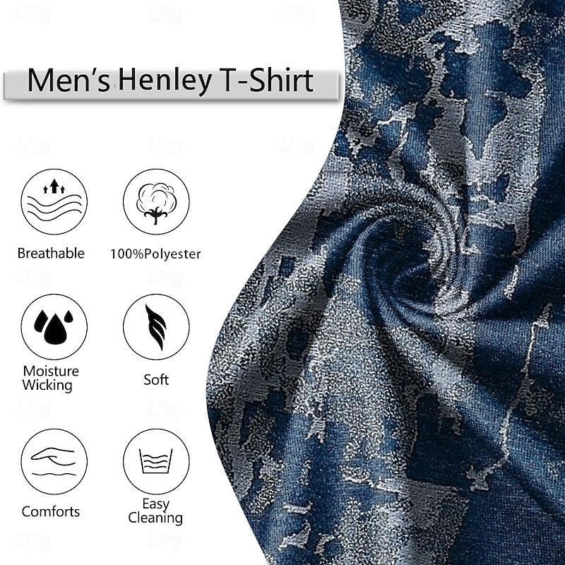 Men's Denim Faux Patchwork Pattern T Shirt Henley Shirt Short Sleeve Designer Retro Vintage Street Casual Daily Summer Spring Navy Blue Henley Henley T-Shirt3