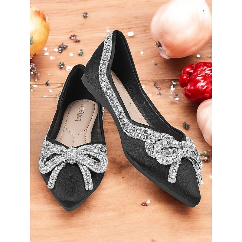 Black Flats with Rhinestone Bow Detail - Elegant Pointed Toe Shoes for Women - Comfortable for Weddings or Parties2