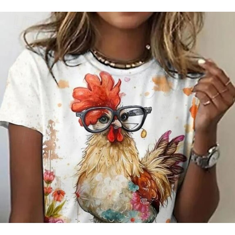 Women's T Shirt Animal Rooster Elegant Fashion Stylish Short Sleeve Round Neck Regular Tops Daily Going out Weekend Print White Summer2