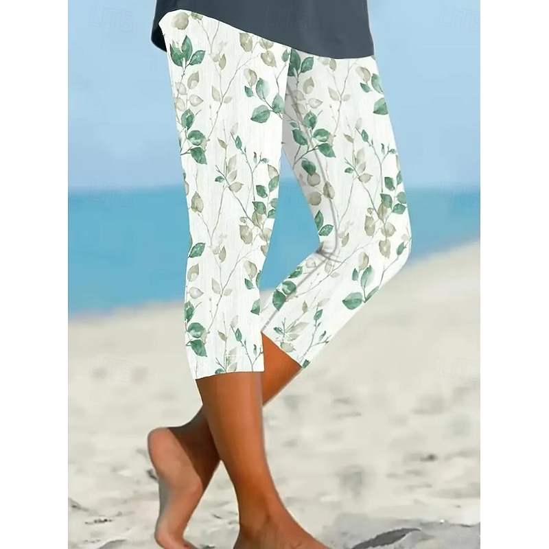 Women's Leggings Capri Pants High Elasticity Vacation Fashion Hawaiian Ankle-Length Mid Waist Floral Printing Thermal Warm Breathable Soft  Vacation Casual Daily Apple Green Summer Spring Regular Fit