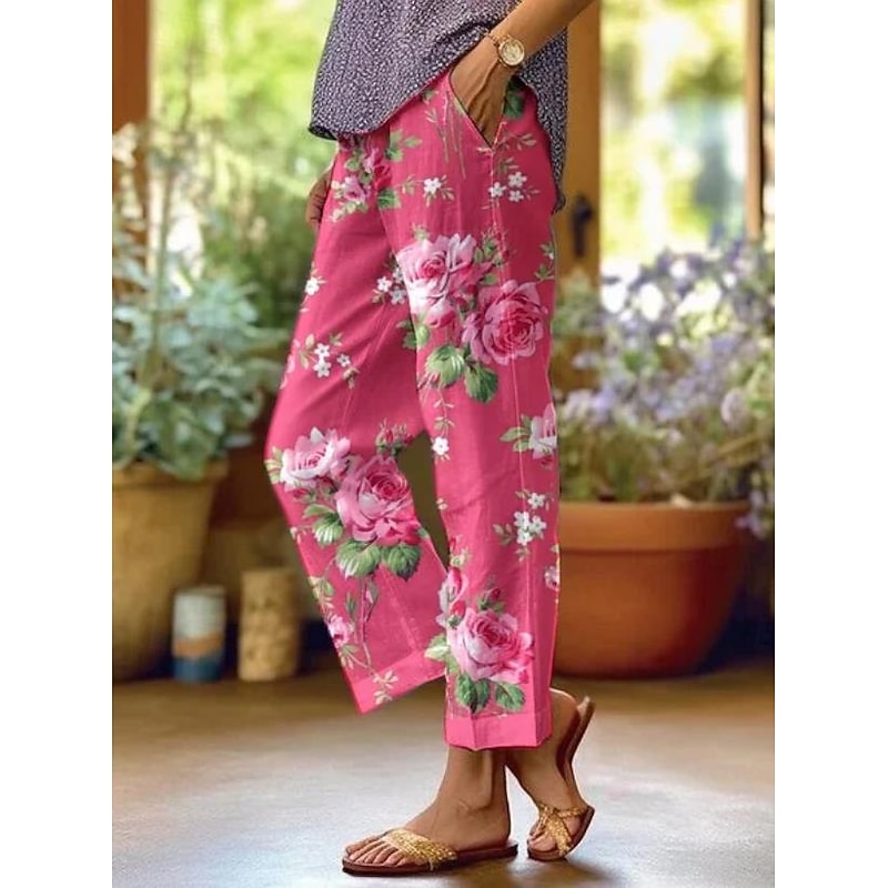 Women's Cotton Linen Pants Baggy Pants Linen Like Fashion Streetwear Full Length High Waist Floral Graphic Printing Thermal Warm Breathable Soft Micro-elastic Outdoor Daily Pink Fall Winter
