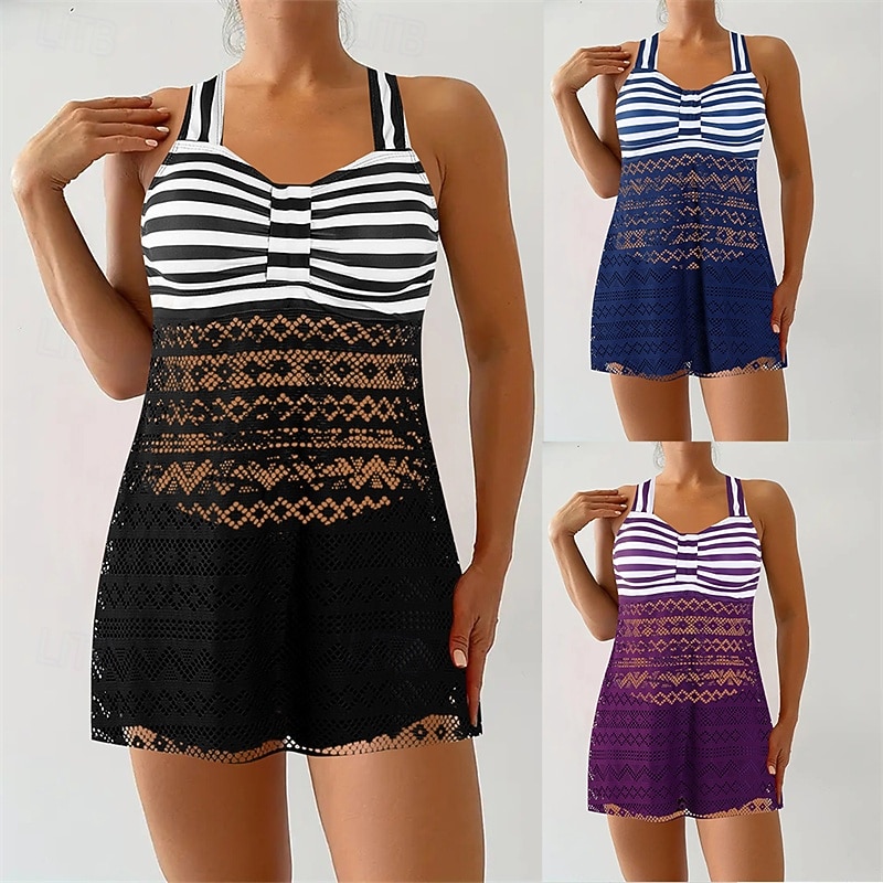 Women's Tankini Two Piece Swimsuit Lace Swimwear Stripes Swimwear Black Purple Breathable Quick Dry Lightweight Sleeveless - Swimming Surfing Beach Summer Spring Plus Size