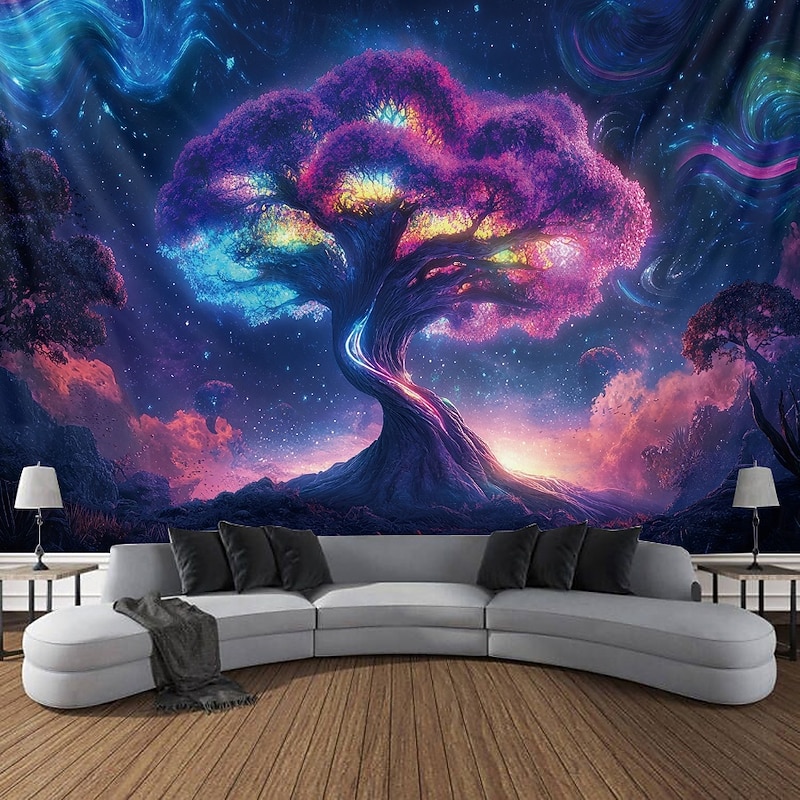 Blacklight Tapestry Glow in the Dark Glow Party UV Reactive Trippy Tree of Life Misty Mushroom Nature Landscape Hanging Tapestry Wall Art Mural for Living Room Bedroom