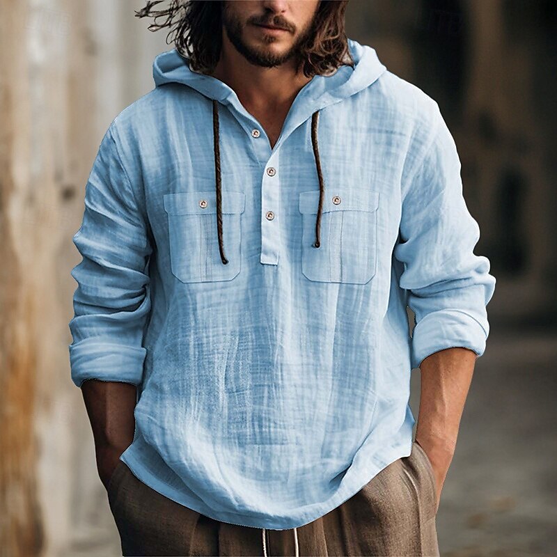 Men's Shirt Linen Shirt Summer Shirt Beach Shirt Hooded Shirt Plain Casual Daily Black White Blue Brown Long Sleeve Hooded Spring & Summer Clothing Apparel2