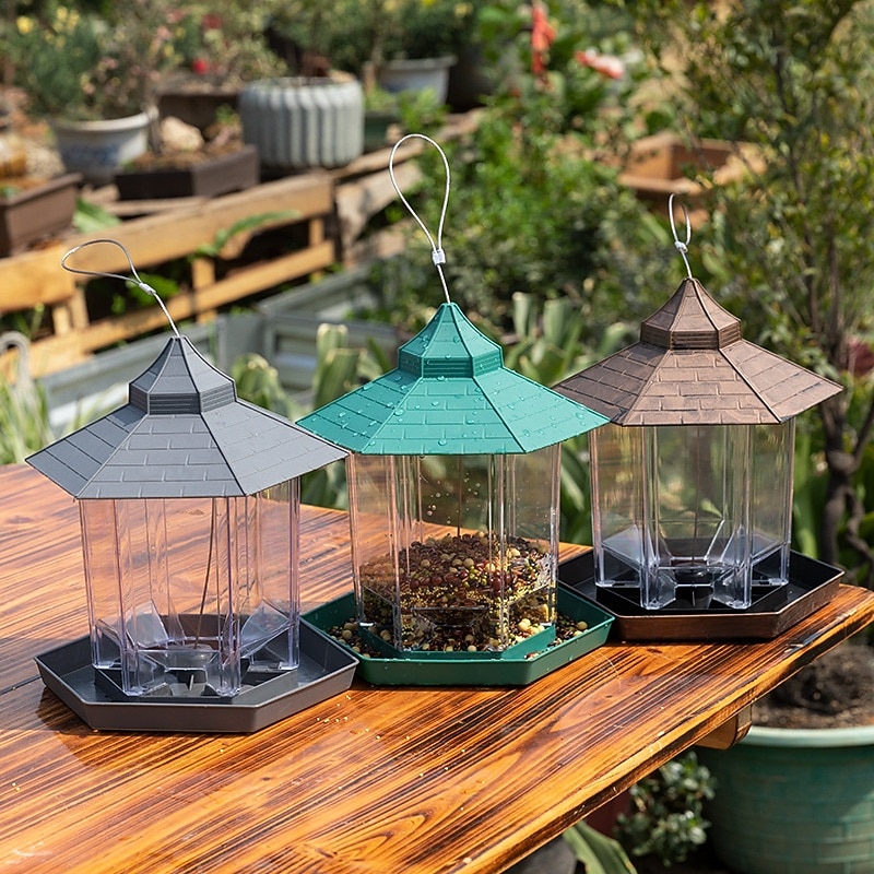 Wild Bird Feeder Hanging Waterproof Gazebo Birdfeeder with Roof Gray