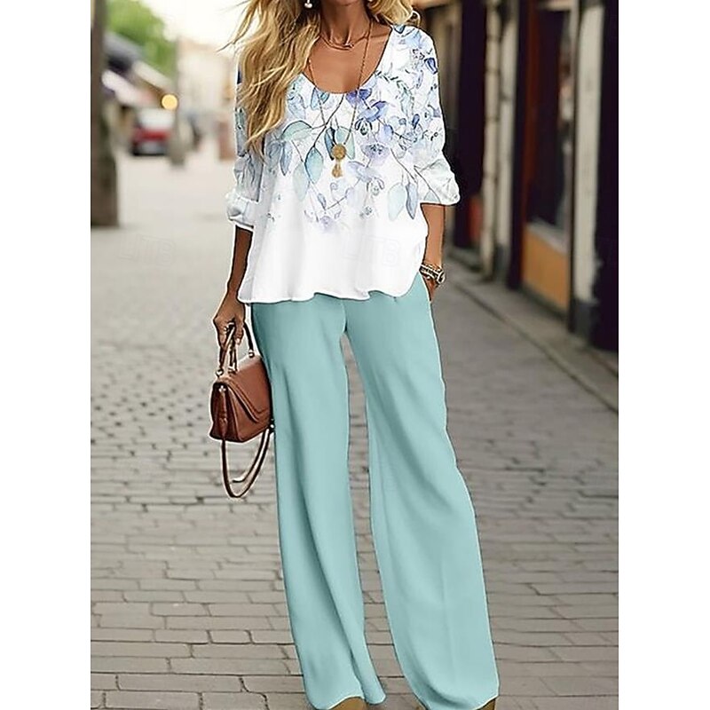 Women's 2 Pieces Basic Neon & Bright Shirt Blouse Chinos 3/4 Length Sleeve V Neck Leopard Print Casual Linen Like Green Spring Regular Fit