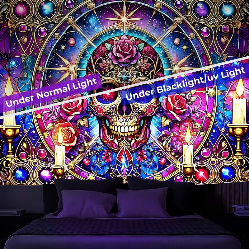 Halloween Blacklight Tapestry Glow in the Dark Glow Party UV Reactive Skull Trippy Misty Nature Landscape Hanging Tapestry Wall Art Mural for Living Room Bedroom2