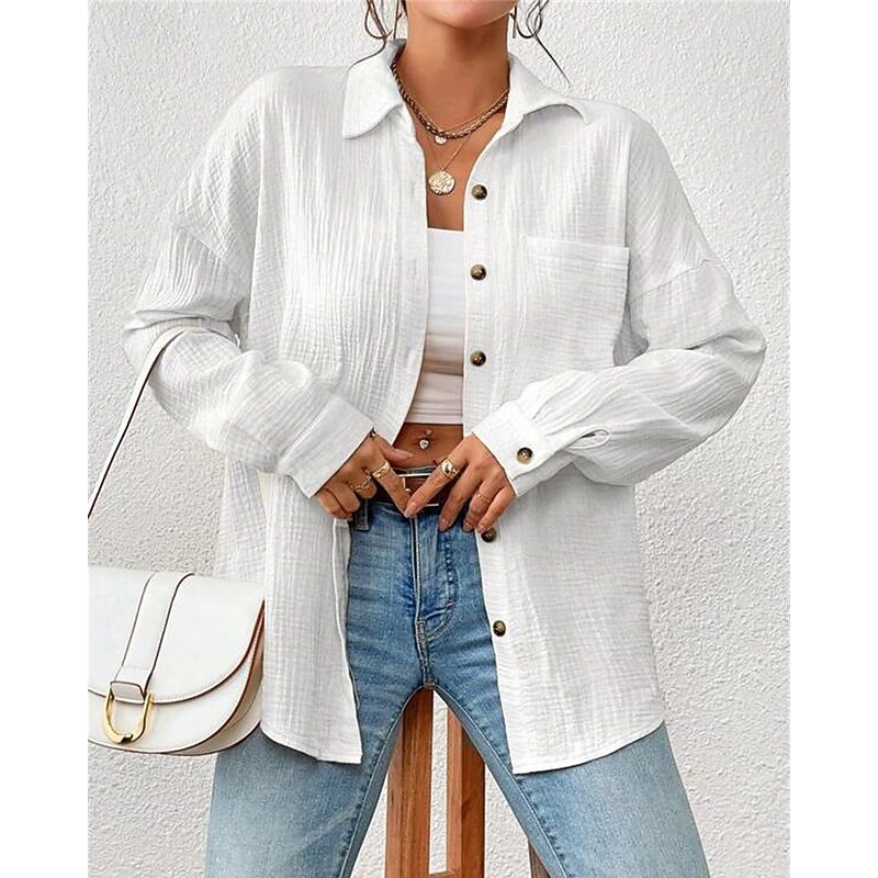Women's Shirt Linen-Inspired Shirts Button Up Plain Daily Stylish Basic Long Sleeve Batwing Sleeve Shirt Collar Regular Tops Work Daily Holiday Buttons Pocket White Yellow Blue Spring Fall