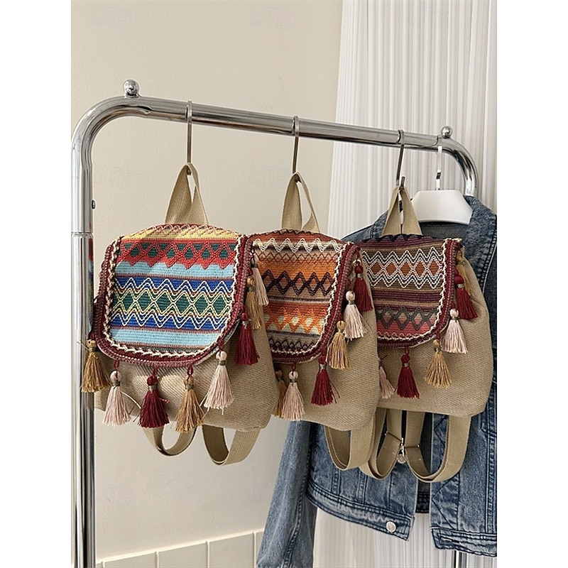 Bohemian Tassel Backpack with Embroidered Design – Stylish Women's Canvas Backpack for Casual, Travel and Festival Wear3
