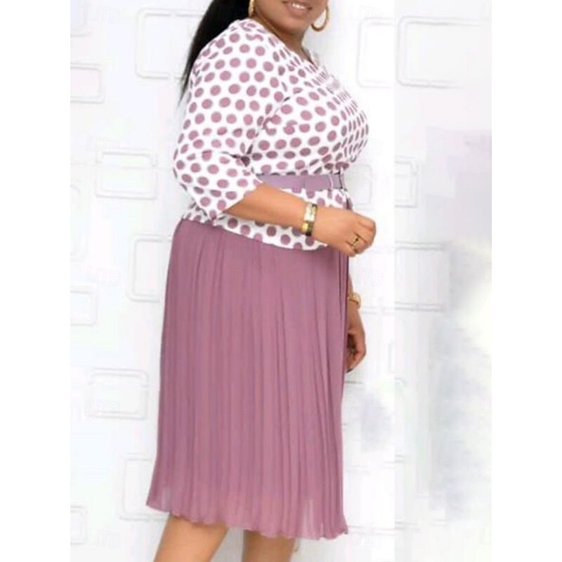 Women's Dress Set Casual Dress Skirt Set Casual Polka Dot Patchwork Print Midi Dress 3/4 Length Sleeve Crew Neck Outdoor Daily Pink Summer Spring Regular Fit2