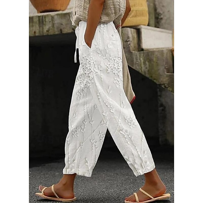 Women's Cotton Linen Pants Baggy Pants Linen Like Fashion Streetwear Full Length High Waist Graphic Lattice Printing Thermal Warm Breathable Soft Micro-elastic Outdoor Daily4