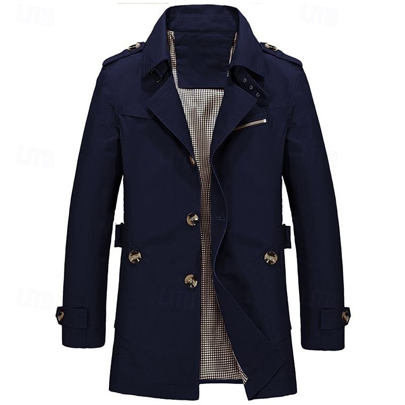 Men's Transition Jacket Trench Coat Going out All Seasons Windbreaker Outerwear Clothing Apparel Solid Colored Button-Down Turndown Single Breasted4
