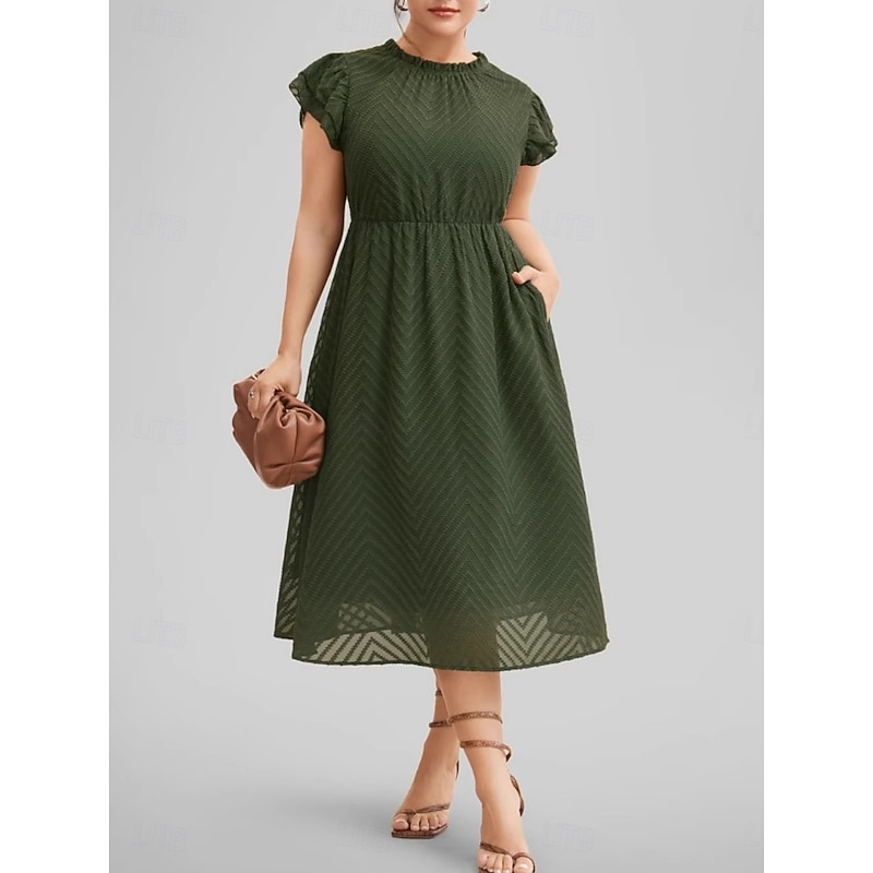 Women's Midi Dress Casual Dress A Line Dress Basic Casual Vacation Daily Regular Fit Plain Short Sleeve Crew Neck Army Green Summer3
