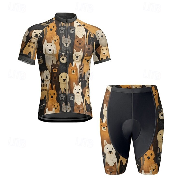 Men's Cycling Jersey with Shorts Dog Short Sleeve Bike Clothing Suit with 3 Rear Pockets Mountain Bike MTB Road Bike Cycling Front Zipper Sweat wicking Comfortable Breathable Sports Black Yellow Red