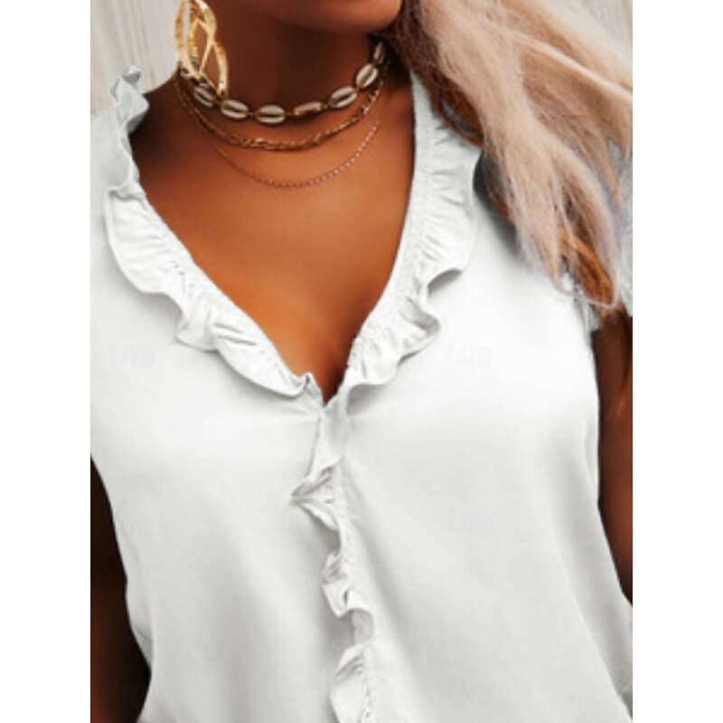 Women's Shirt Blouse Solid Color Casual Short Sleeve V Neck Regular Tops Daily Ruffle Black White Blue Green Gray Summer2
