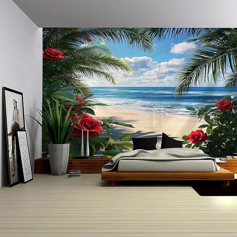A Seaside Plant Landscape Hanging Tapestry Mural Art Large Tapestry Mural Decoration Photo Background Carpet Curtain Home Bedroom Living Room Decoration4