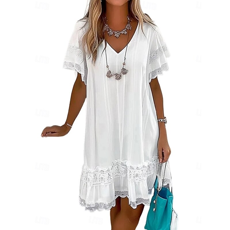 Women's Mini Dress White Dress Lace Dress Casual Dress A Line Dress Basic Casual Vacation Daily Regular Fit Graphic Short Sleeve V Neck White Summer3