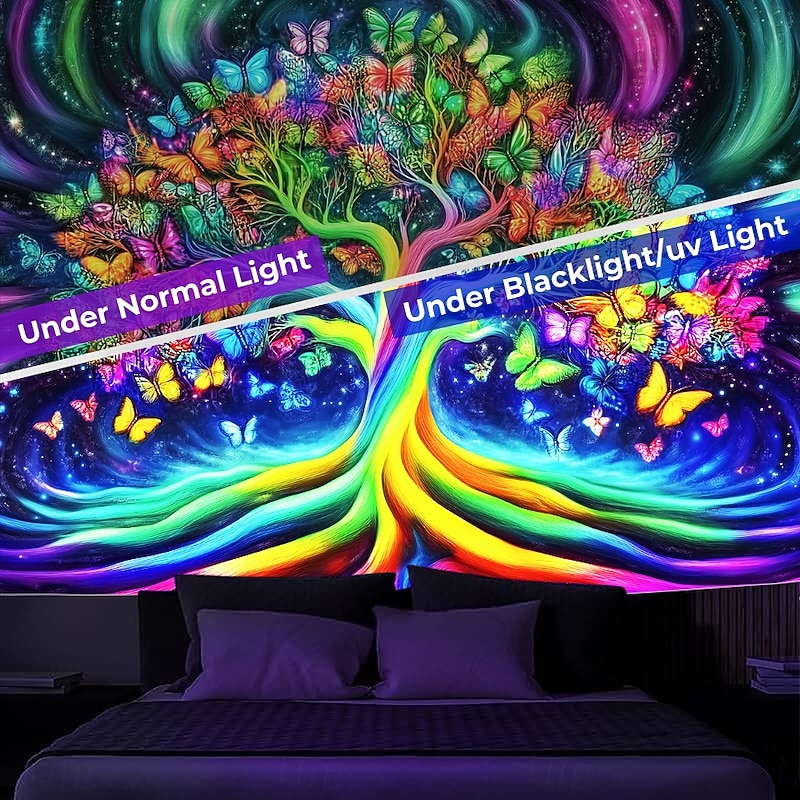 Blacklight Tapestry Glow in the Dark Glow Party UV Reactive Trippy Misty Tree of Life Nature Landscape Hanging Tapestry Wall Art Mural for Living Room Bedroom2