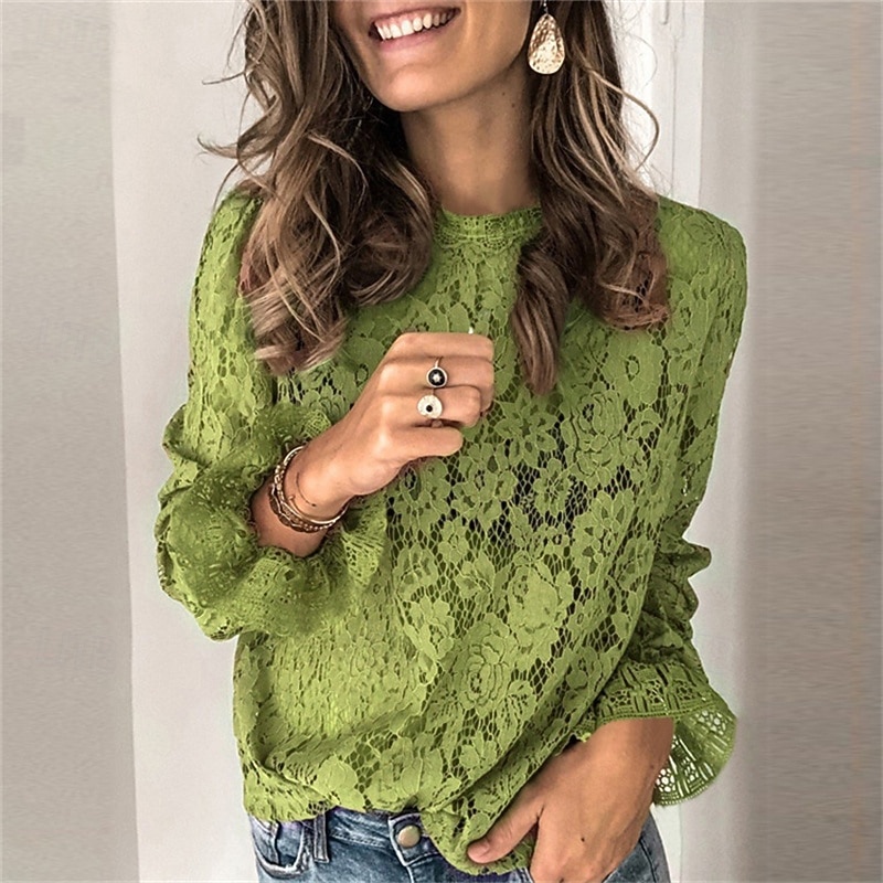 Women's Blouse Lace Tops Plain Daily Stylish Basic Long Sleeve Crew Neck Regular Tops Work Daily Holiday Lace Black Brown Green Spring Fall