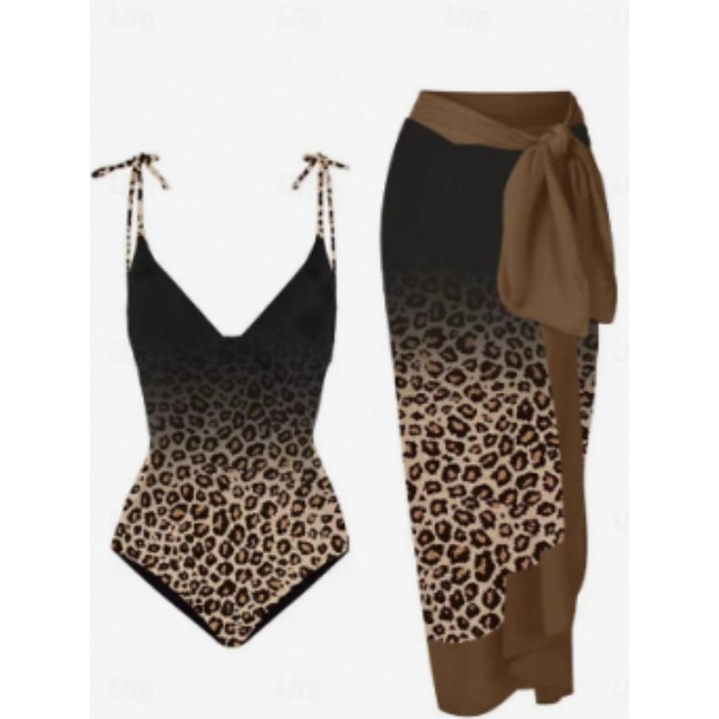 Women's Swimwear One Piece 2 Piece Skirt Swimsuit Backless Tummy Control High Waist Slim Vacation Beach Wear Leopard V Neck Sleeveless Bathing Suits2
