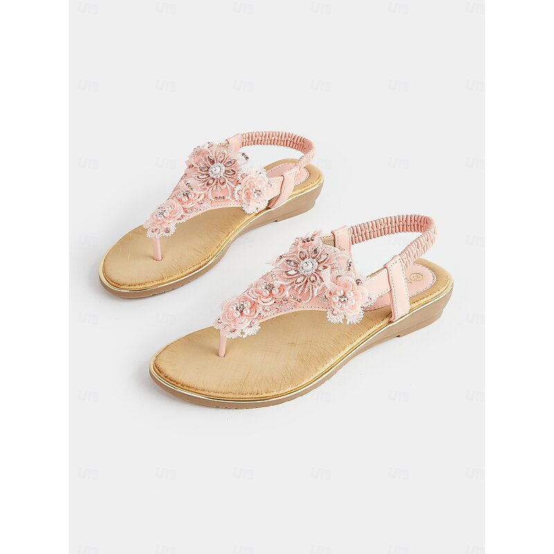 Women's Pink Floral Lace Embellished T-Strap Sandals – Comfortable Chic Summer Slip-On Footwear3