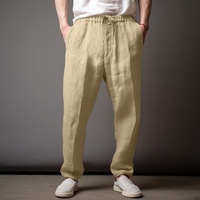 Men's Linen Pants Trousers Summer Pants Beach Pants Pocket Elastic Waist Drawstring Plain Comfort Breathable Full Length Outdoor Daily Holiday Vacation Classic Style Light Khaki White Micro-elastic