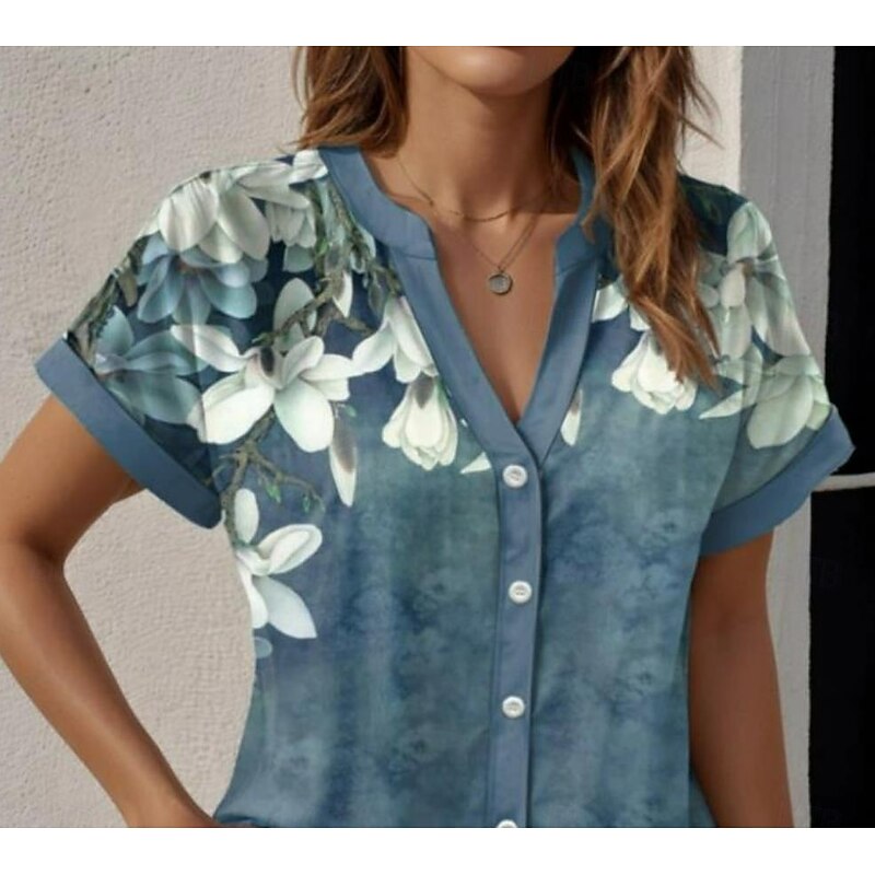 Women's Shirt V Neck Button Down Blouse Floral Graphic Stylish Beach Short Sleeve Shirt Collar Regular Tops Daily Buttons Print Blue Summer Spring2