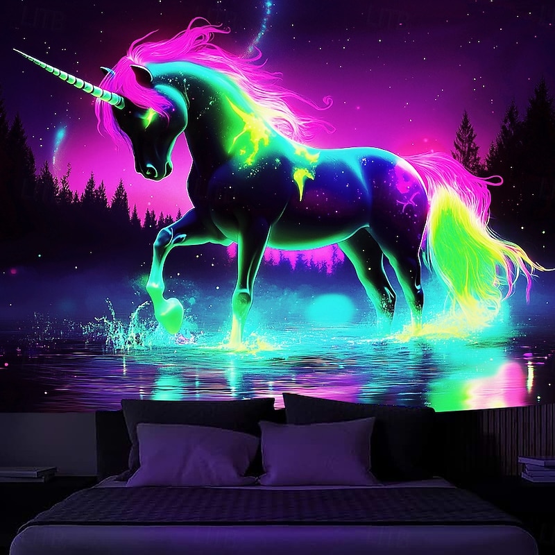 Blacklight Tapestry Glow in the Dark Glow Party UV Reactive Unicorn Animal Trippy Misty Nature Landscape Hanging Tapestry Wall Art Mural for Living Room Bedroom2
