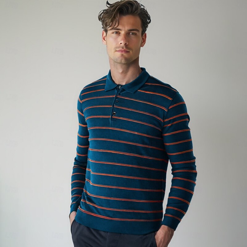 Men's Polo Knit Polo Sweater Formal Work Turndown Long Sleeve Modern Comfortable Striped Stripe Buttons Spring Spring &  Fall Regular Fit Navy Blue Blue Dark Green Brown Polo3