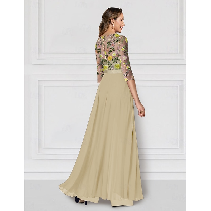 FloralJumpsuits Embroidered Formal Column Mother of the Bride Wedding Elegant Illusion Neck Floor Length Chiffon 3/4 Length Sleeve with Solid Color  Race Day Dress4