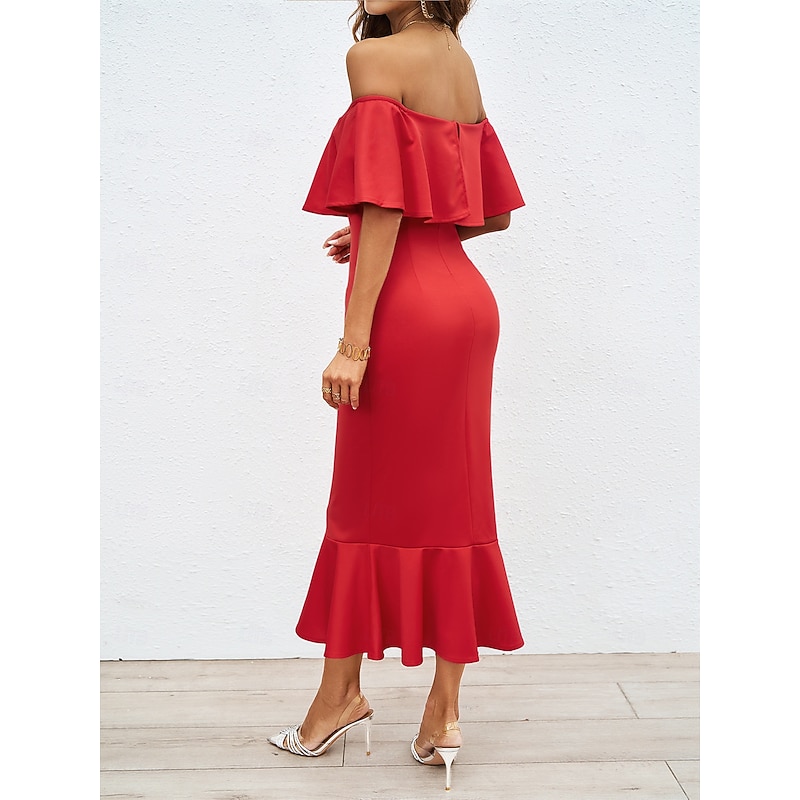 Retro Vintage 1950s 1960s Midi Dress Pencil Dress Off Shoulder Solid Color Fancy Dress Women's Wedding Vacation Homecoming Adults' Dress3