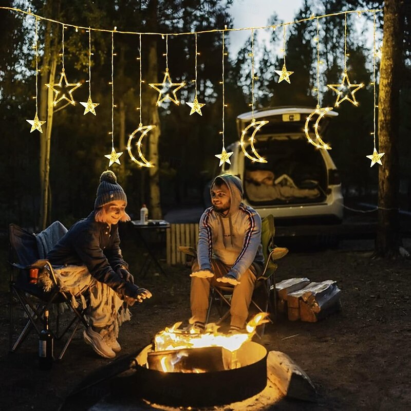 Ramadan Festival Light with Remote Control 3.5m 120LEDs Star Moon Curtain Light 8 Modes Wedding Birthday Party Outdoor Waterproof Tent Bedroom Living Room Balcony Garden Decorative Light3