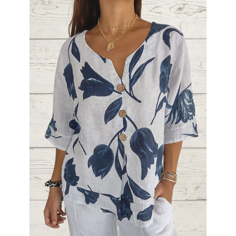 Women's Shirt Cotton Linen Shirts Button Up Blouse Graphic Elegant Daily Stylish 3/4 Length Sleeve V Neck Regular Tops Daily Holiday Going out Buttons Print White Pink Red Green Violet Summer Spring3