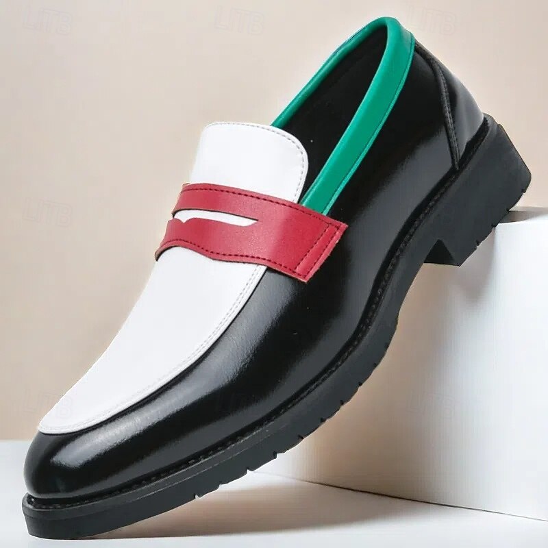 Men's Premium Faux Leather Slip-On Shoes with Bold Color Block Design - Comfortable, Stylish Footwear for Casual and Formal Occasions