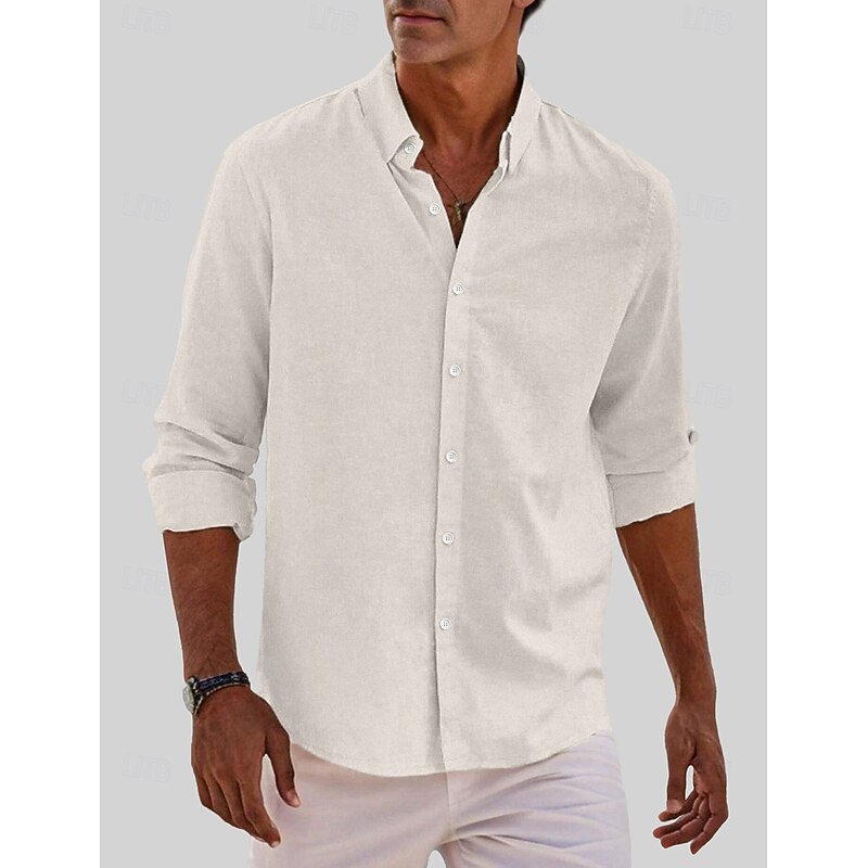 Men's Classic Beach T Shirt Casual Shirt Standard Fit Long Sleeve Lapel Solid Color Cotton Linen White Beige Grey 20252