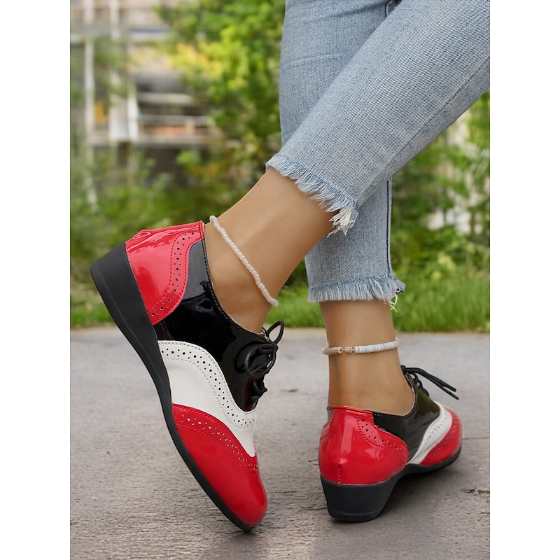 Black Patent Leather Lace-Up Oxford Shoes with Brogue Detailing and Low Wedge Heel for Work and Formal Events3