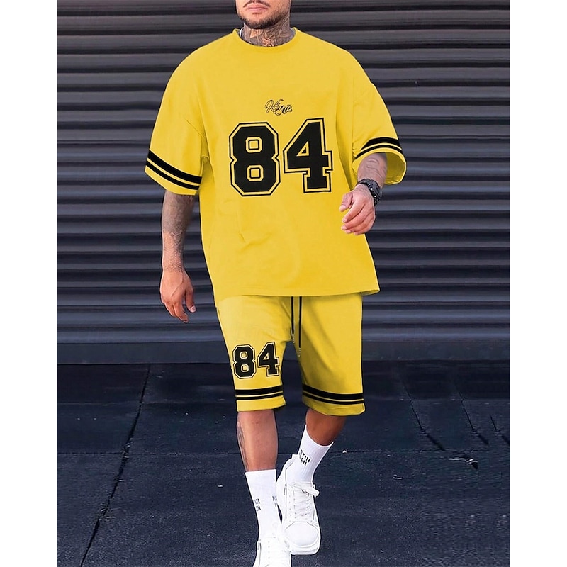 Men's Tracksuit T shirt & Shorts Set Outfit Set Basketball Set Crew Neck Outdoor Daily Sports Pocket Drawstring 2 Piece Color Block Number Black / White Black Yellow Polyester Activewear Fashion