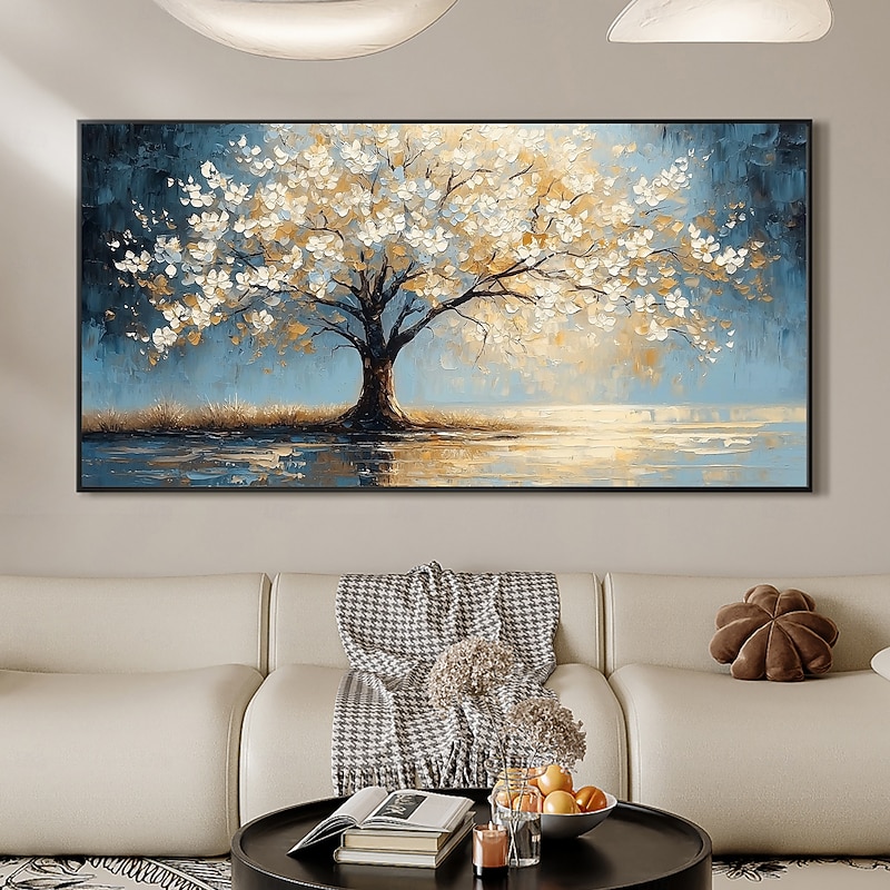 Handmade Original White Tree of Life Painting Oil Painting On Canvas Abstract Blooming Big Tree Wall Art for Home Decor With Stretched Frame/Without Inner Frame Painting4