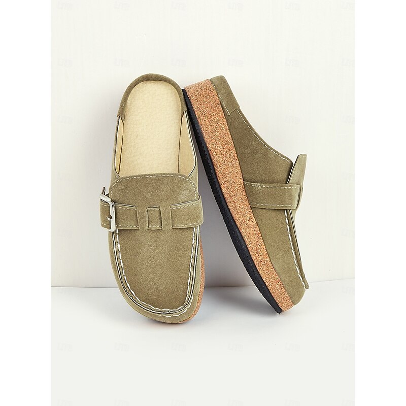 Women's Faux Suede Slip-On Loafers – Casual Comfort Flats with Buckle Detail and Cushioned Cork Sole for Everyday Wear3