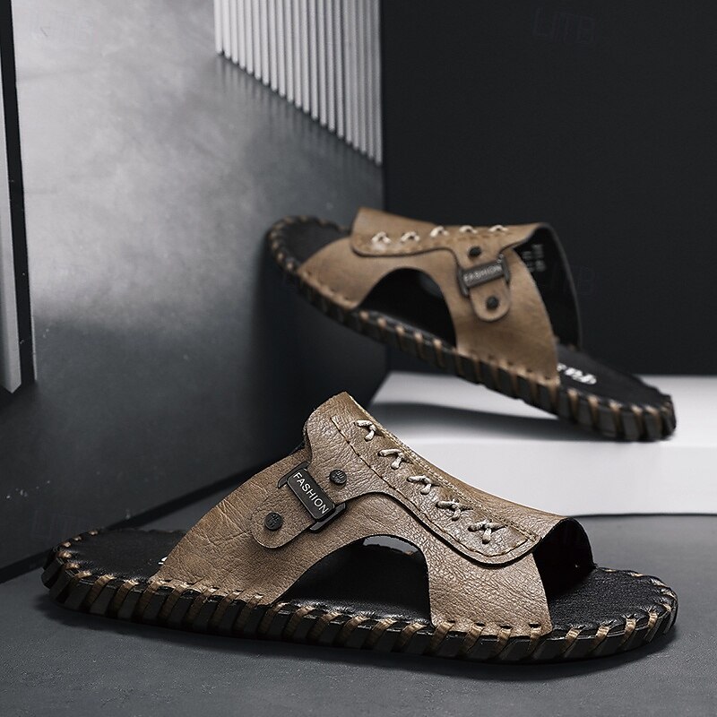 Men's Casual Brown Slide Sandals with Leather Strap and Stylish Stitching Detail – Comfortable for Everyday Wear, Beach and Relaxed Outings2