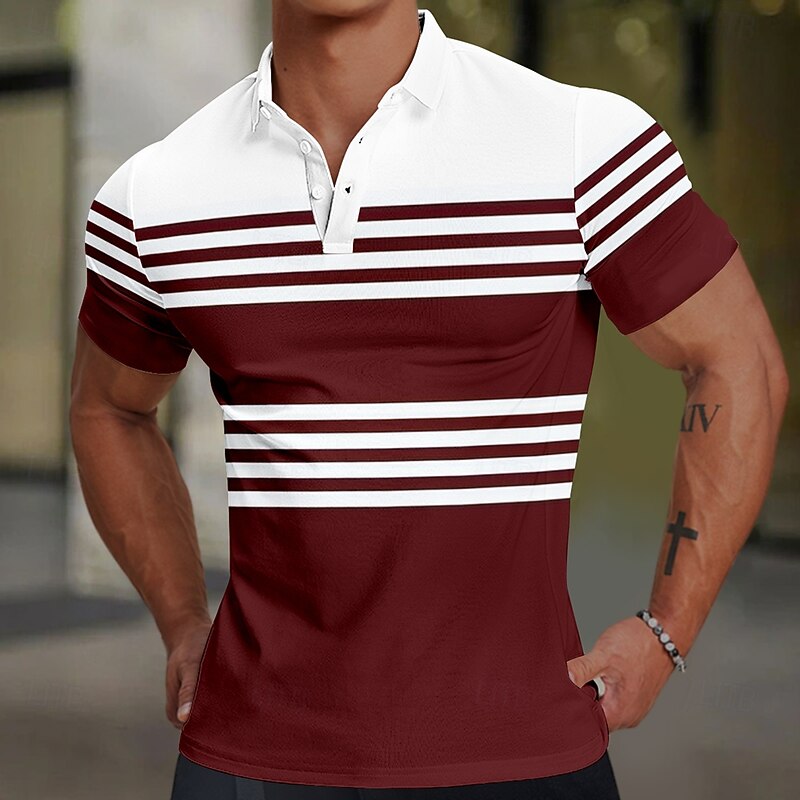 Men's Line Rugby Polo Short Sleeve Polo Shirts Collared Shirts Casual School Outdoor Athleisure Daily Wear 3D Print Summer Red Dark Green Dark Blue3