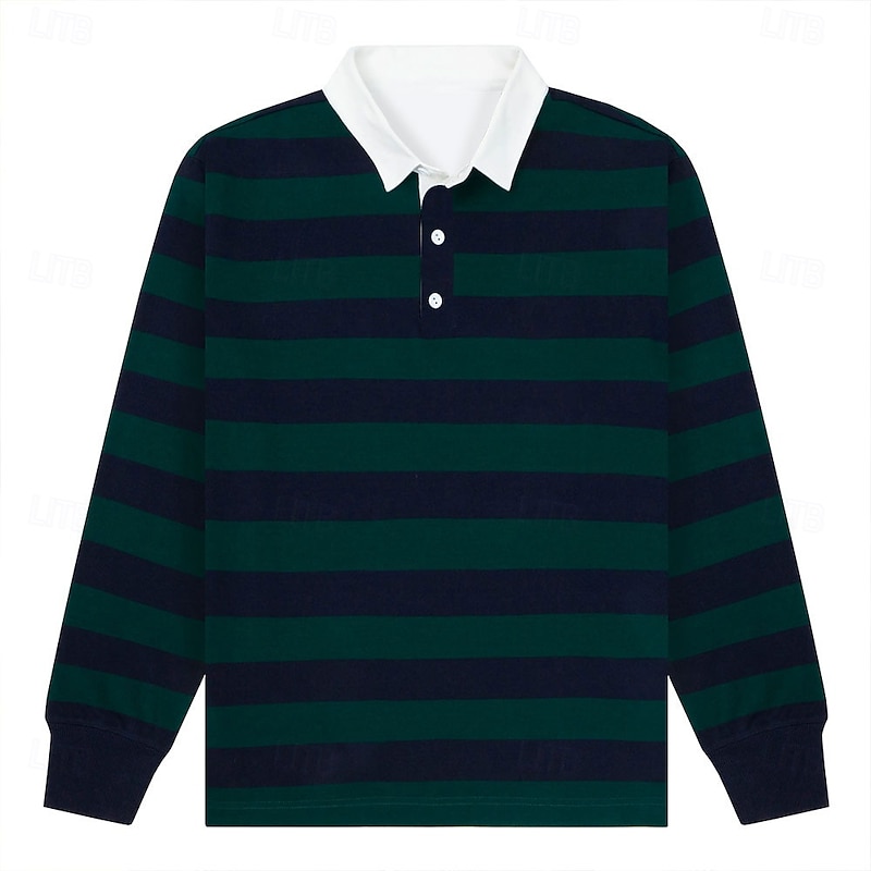Men's Striped Rugby Polo Long Sleeve Polo Shirts Collared Shirts Sportswear Casual School Outdoor Athleisure 3D Print Spring Fall Winter Black / Green