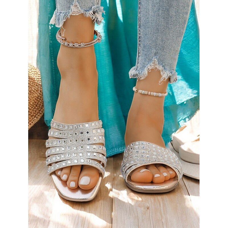 Women's Rhinestone Strappy  Sandals – Chic Silver Slide Sandals with Square Toe for Summer, Parties, and Special Occasions2